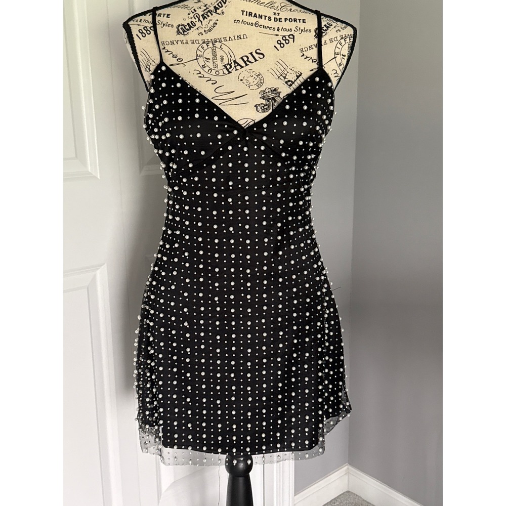 Forever 21 Womens Black Pearl Rhinestone Embellished Mini Bodycon Dress Small